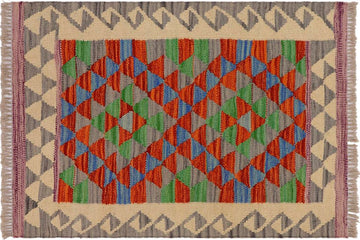 Flat Weave Kilim, Antique, Navaho, Vintage, Handmade, Geometric Kilim Gray Beige Hand-Woven Rectangle 100% Wool Area Rug 2 x 3